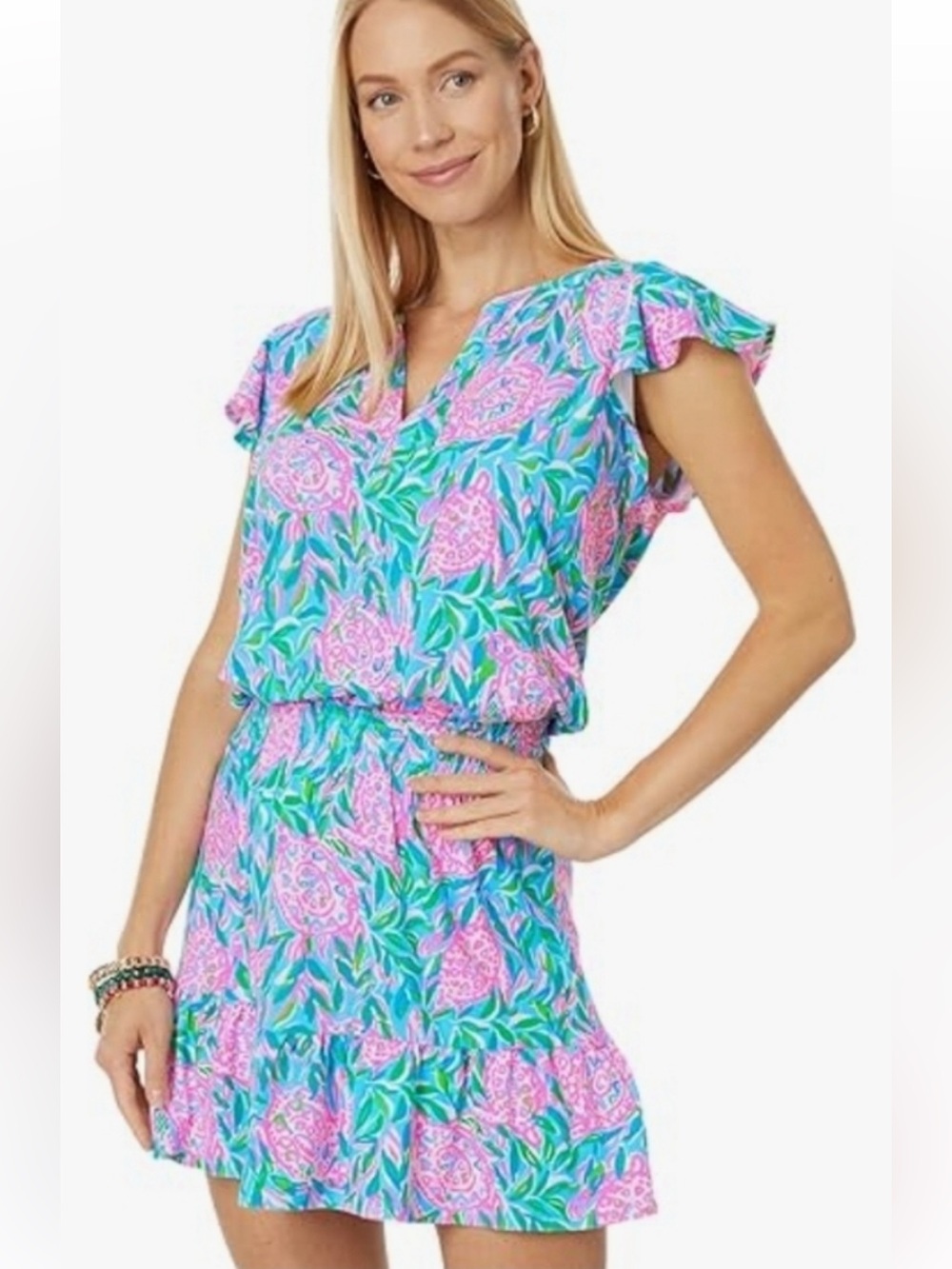 Lilly Pulitzer “Ravi” Short Flutter Sleeve Skirted -Floral Romper Dress SZ XL